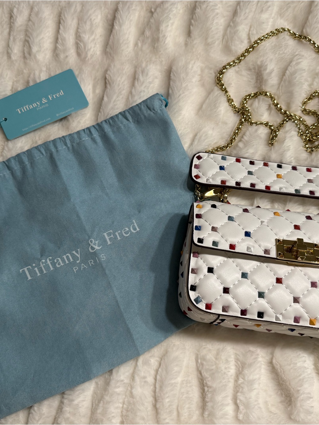 Tiffany And Fred Paris White Quilted Crossbody Bag With Multicolor Stud Accents — image 4 of 8